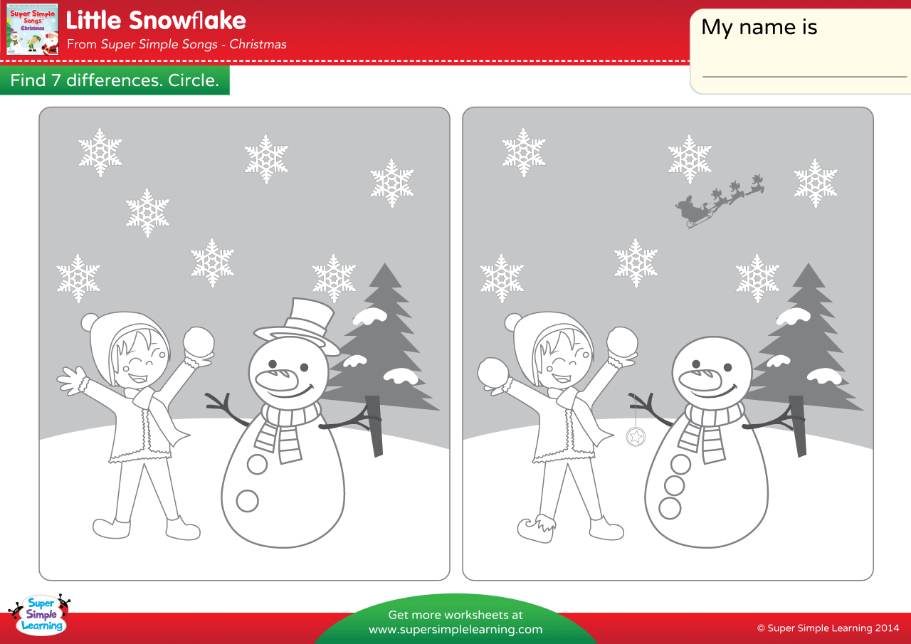 Little Snowflake Worksheet - Find The Differences - Super Simple | Christmas Spot the Difference Worksheets