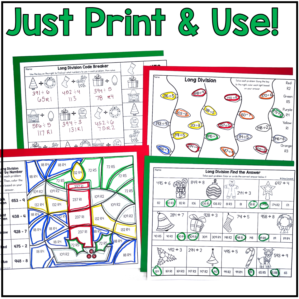 Long Division With Remainders Colornumber Christmas Math | Christmas Long Division Worksheets
