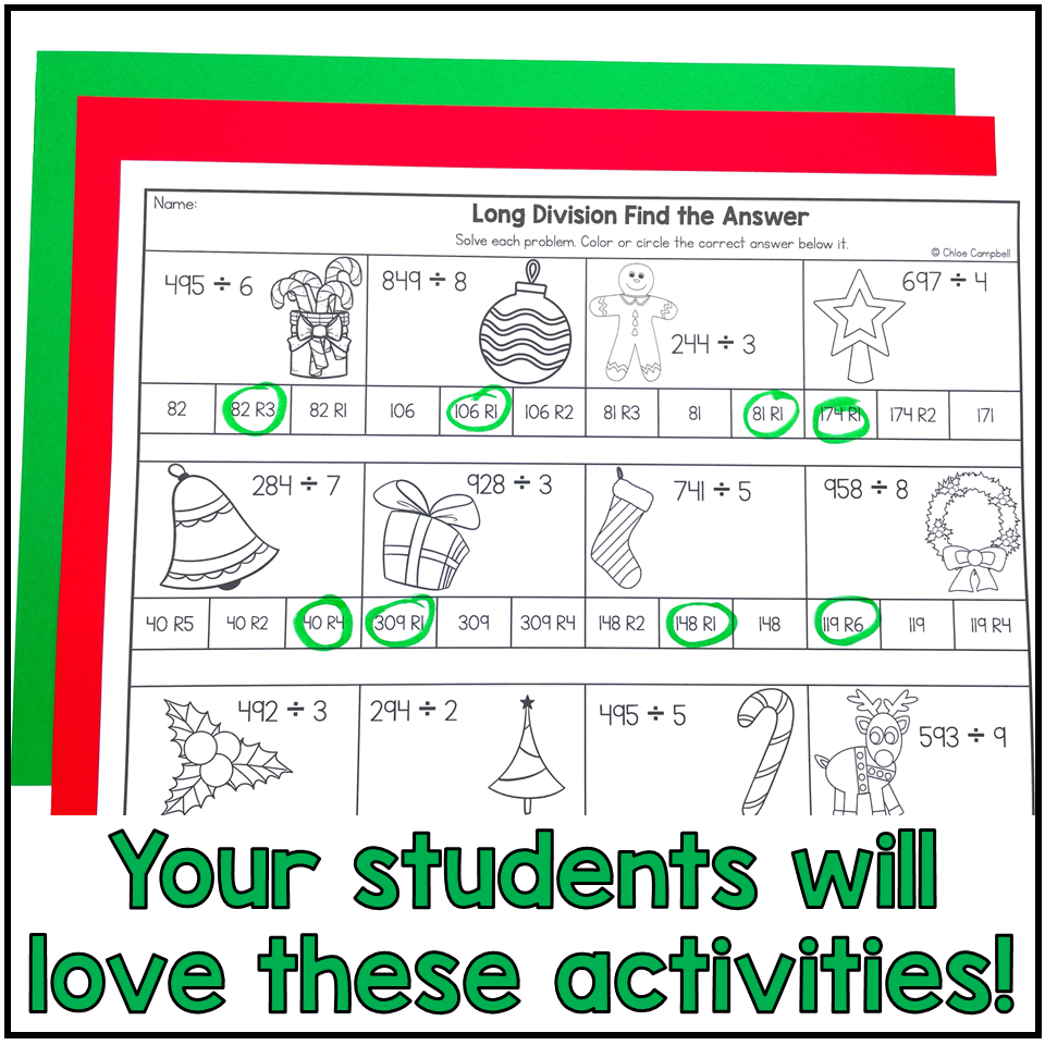 Long Division With Remainders Colornumber Christmas Math | Long Division Christmas Worksheets