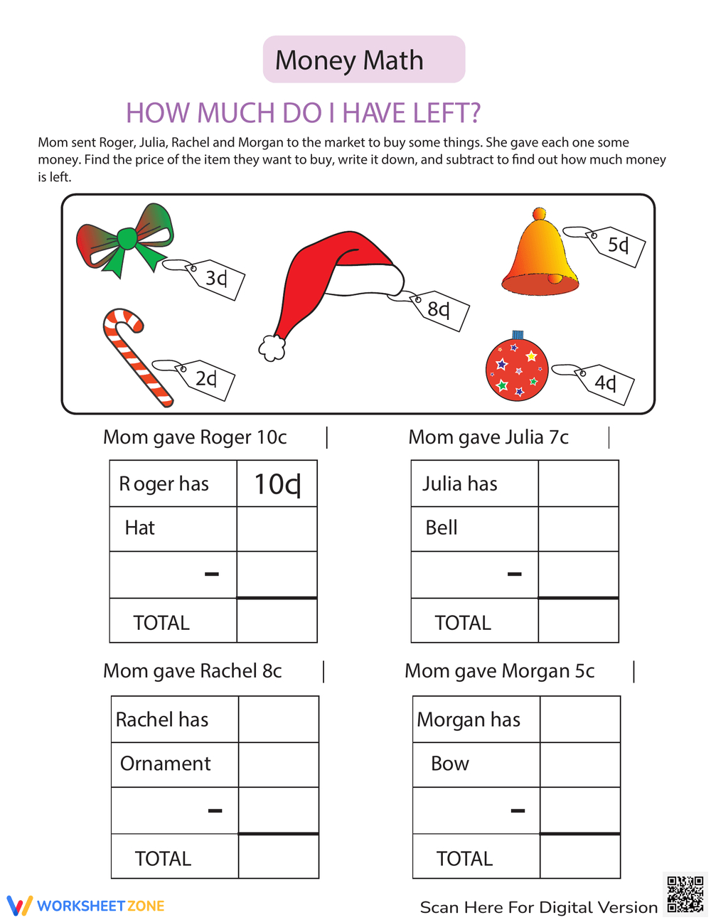 Money Math Problems: Cents Focus Worksheet | Christmas Money Math Worksheets