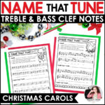 Name That Tune Christmas Music Worksheets In Treble And Bass Clef | Can You Name The Christmas Song Worksheets
