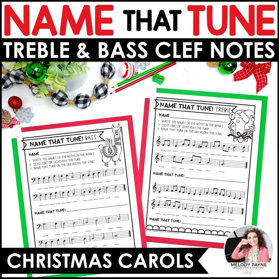 Name That Tune Christmas Music Worksheets In Treble And Bass Clef | Can You Name The Christmas Song Worksheets