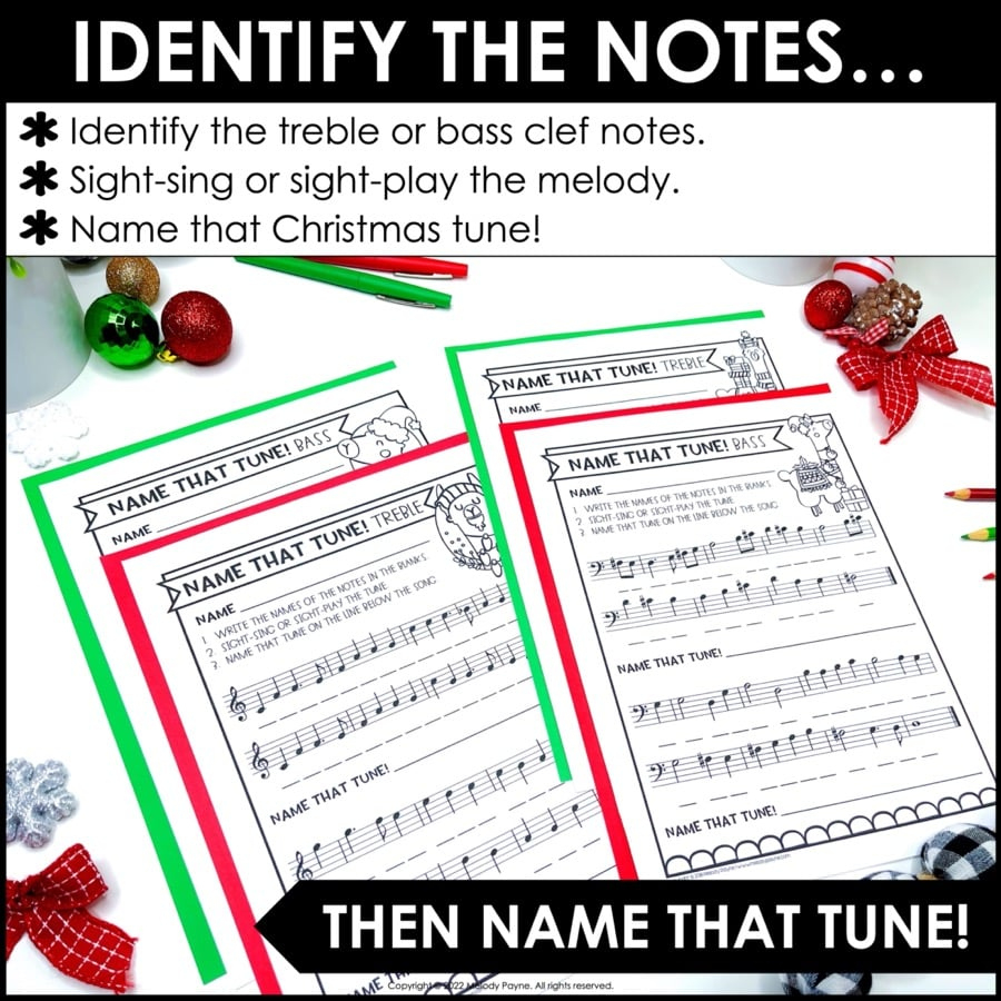 Name That Tune Christmas Music Worksheets In Treble And Bass Clef | Name That Christmas Tune Worksheets Answers