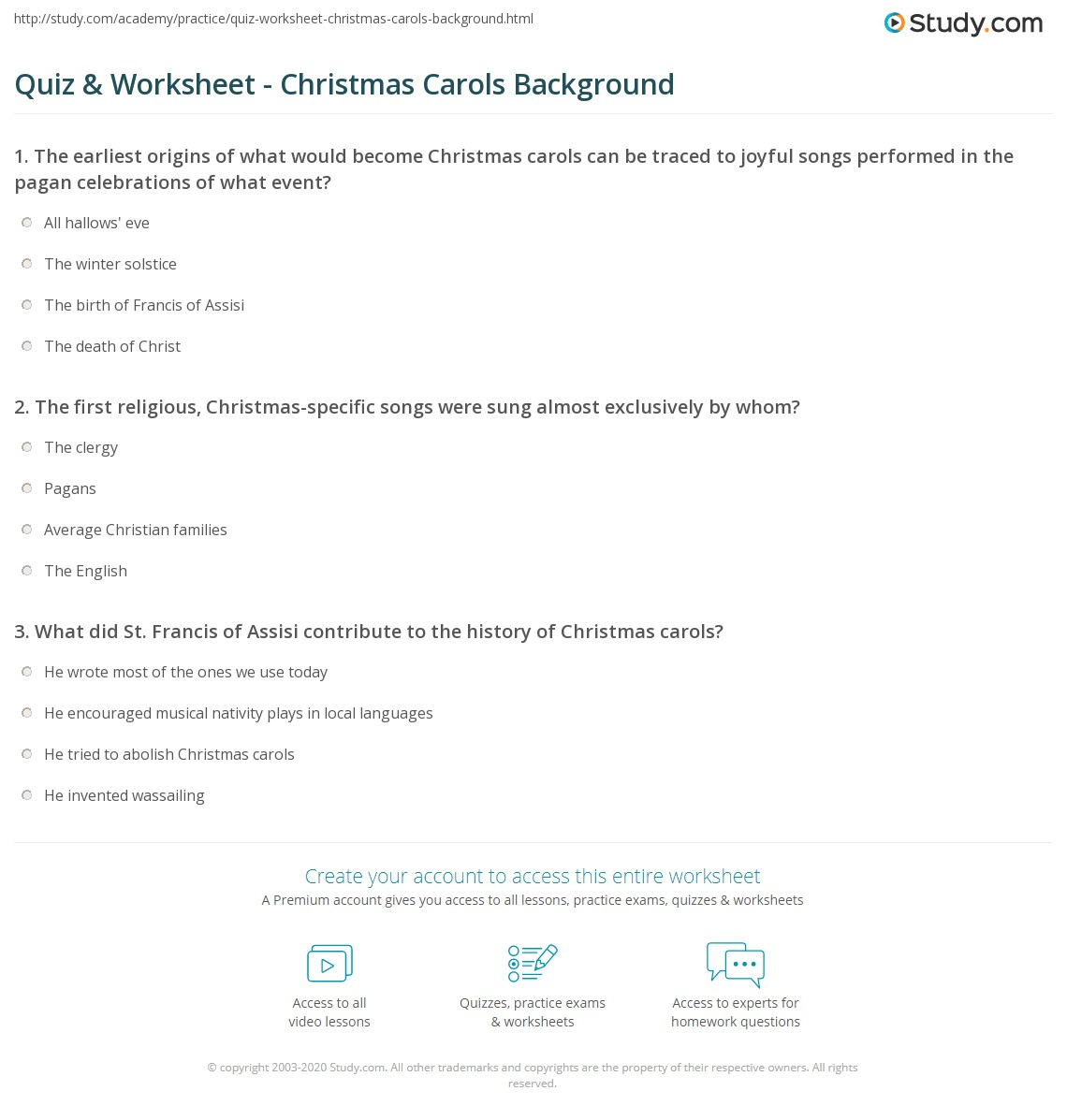 Quiz &amp;amp; Worksheet - Christmas Carols Background | Study | History of Christmas Carols Worksheets