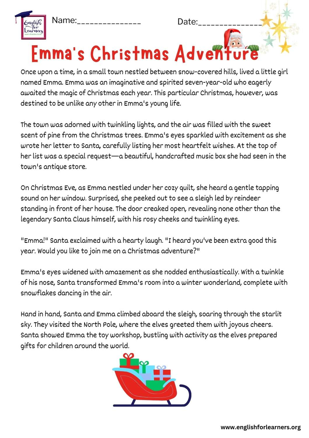 Reading Comprehension Christmas Story: Emma&amp;#039;S Christmas Adventure - | Free Printable Christmas Reading Comprehension Worksheets