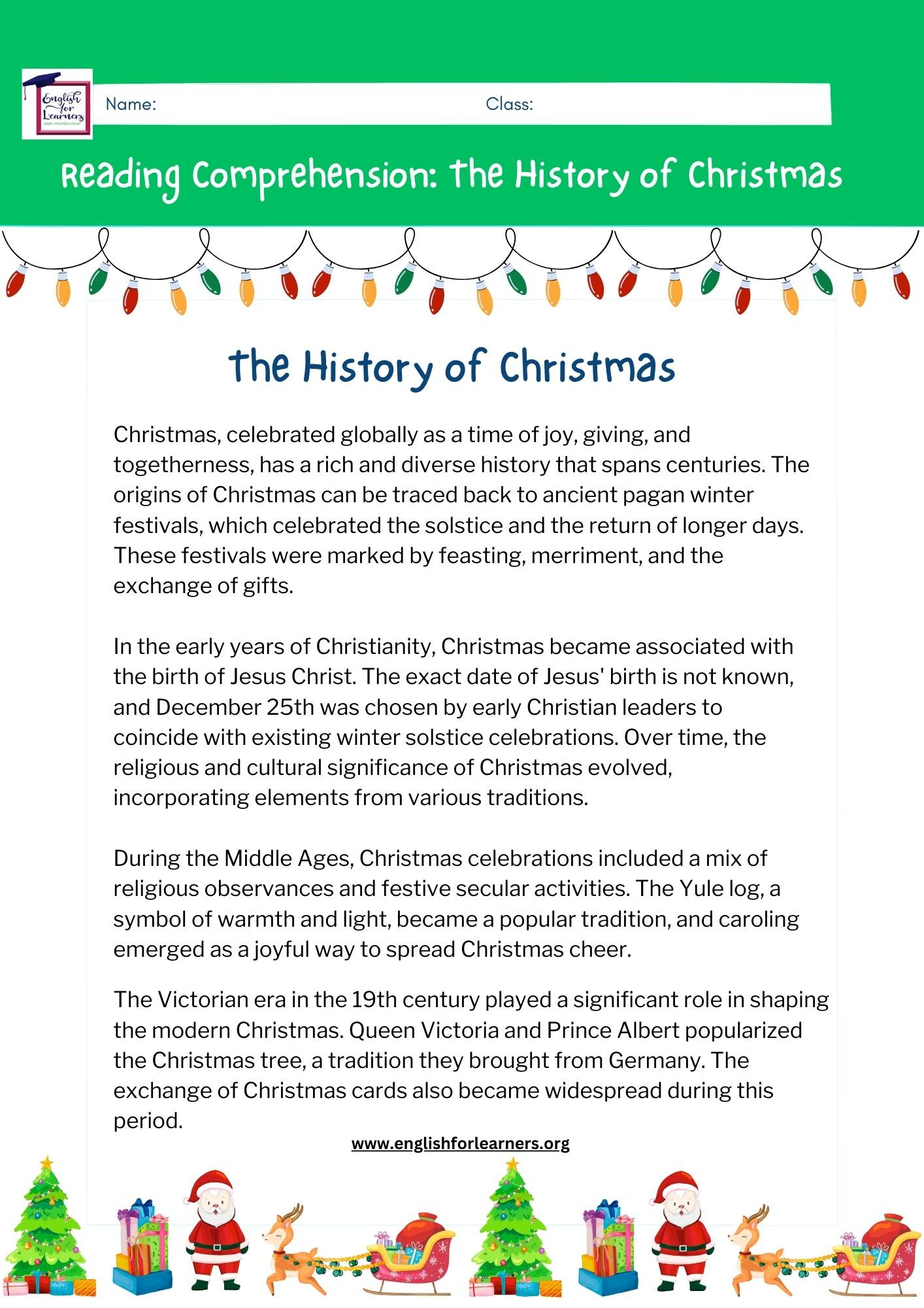 Reading Comprehension The History Of Christmas - | The History of Christmas Worksheets