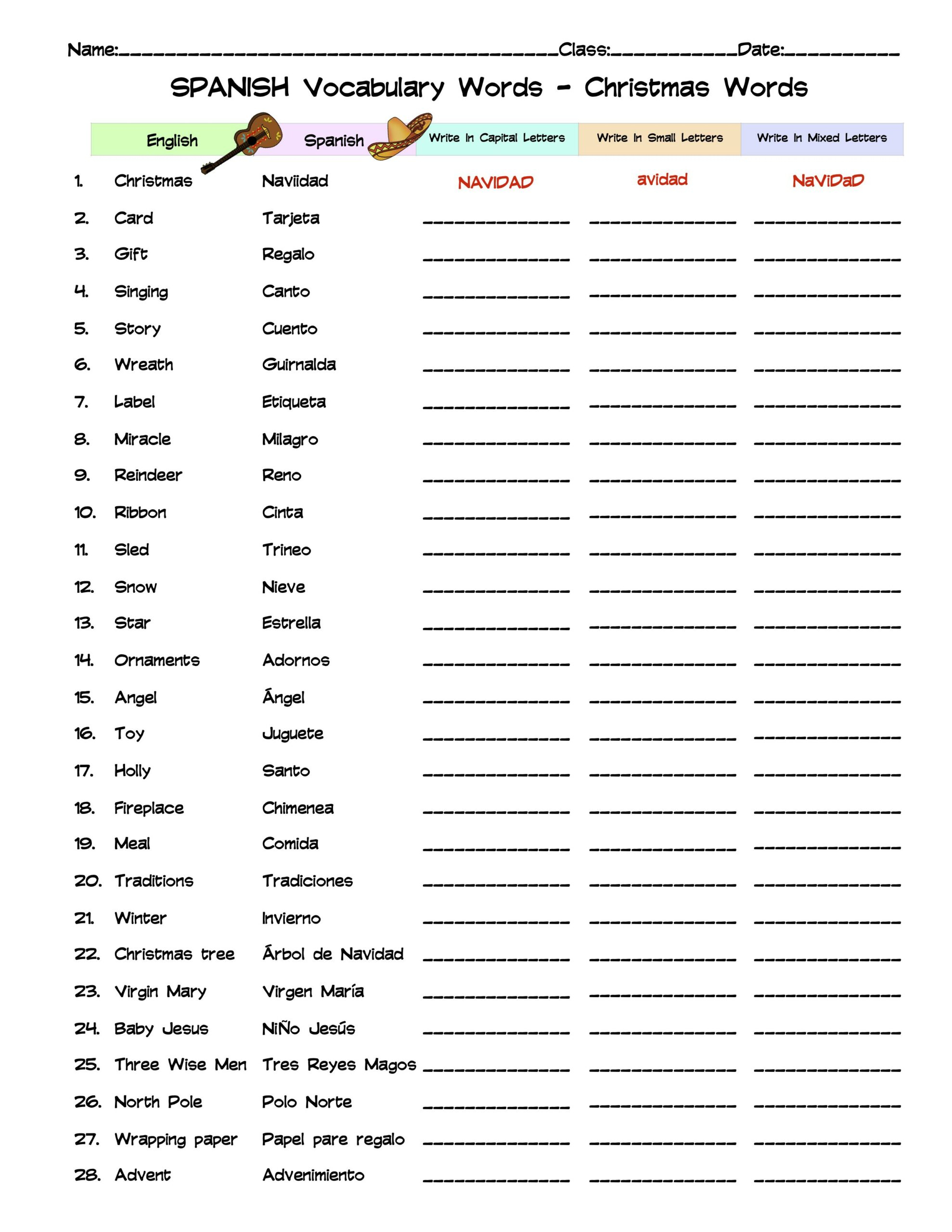 Spanish Christmas Words Vocabulary Word List Column Worksheet | Spanish Christmas Vocabulary Worksheets