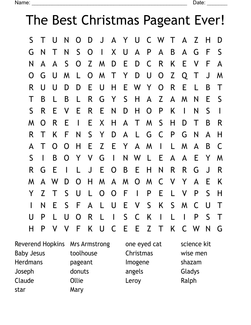 The Best Christmas Pageant Ever! Word Search - Wordmint | The Best Christmas Pageant Ever Worksheets