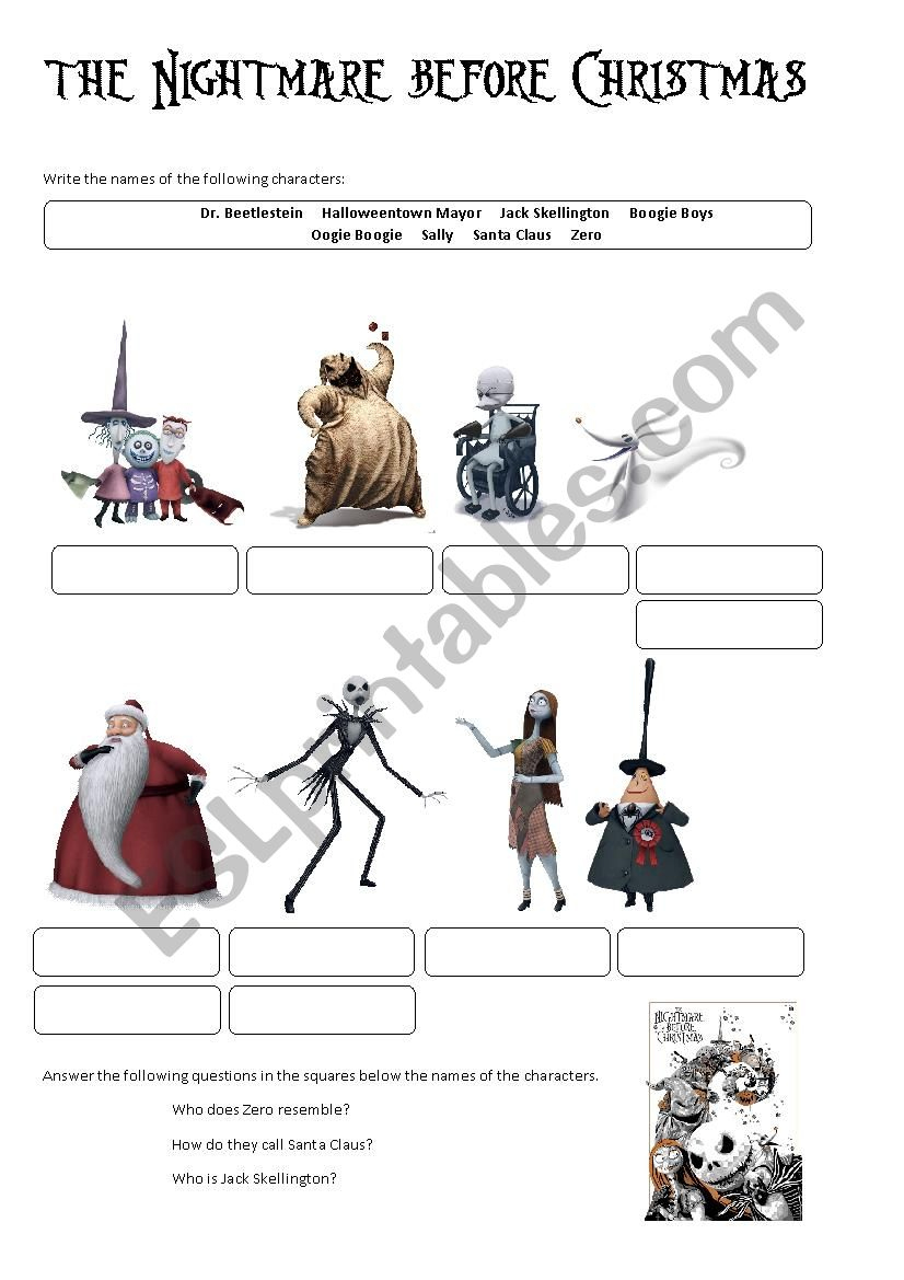 The Nightmare Before Christmas (Characters) - Esl Worksheet | Nightmare Before Christmas Worksheets