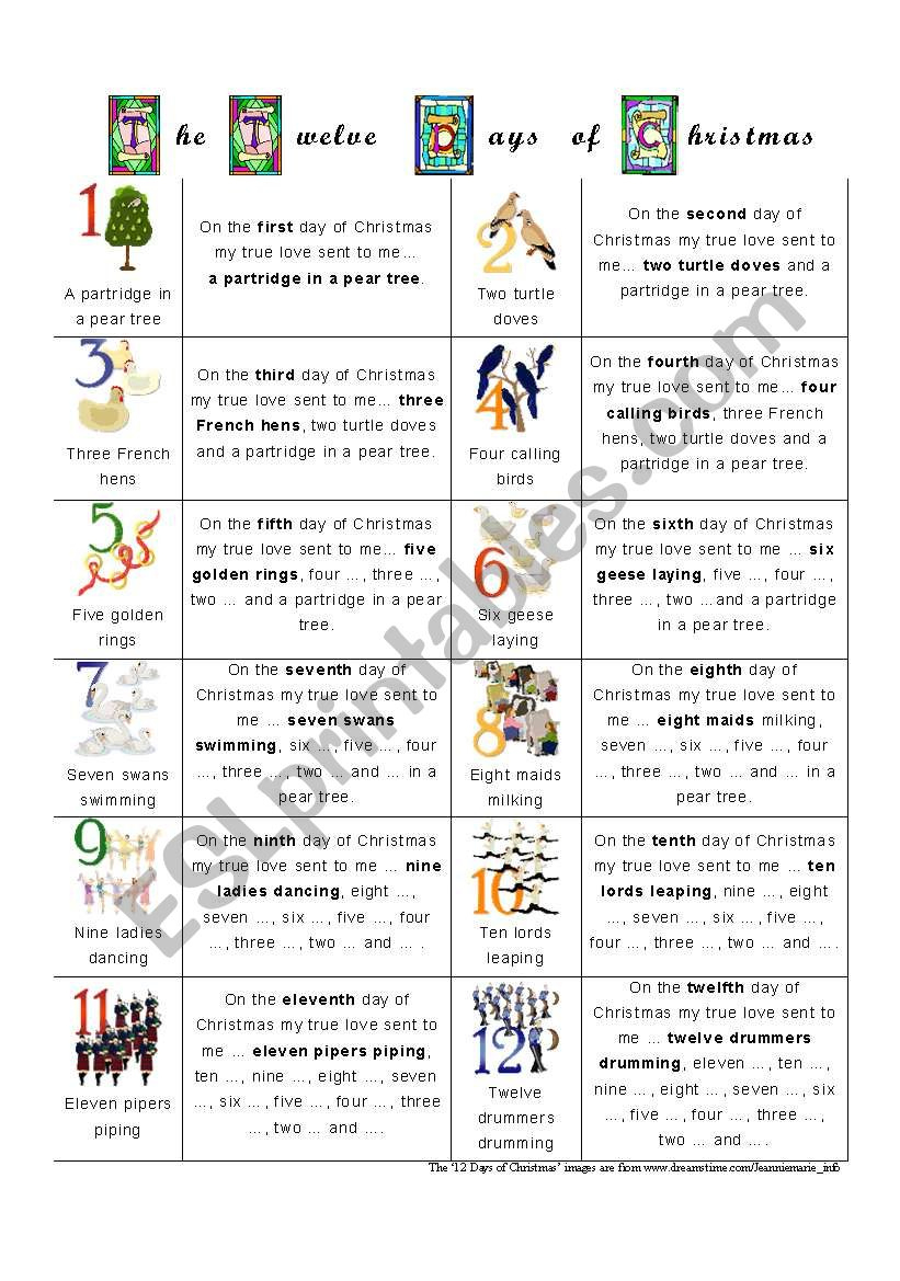 The Twelve Days Of Christmas - Esl Worksheetalien Boy | 12 Days Of Christmas Worksheets Answers