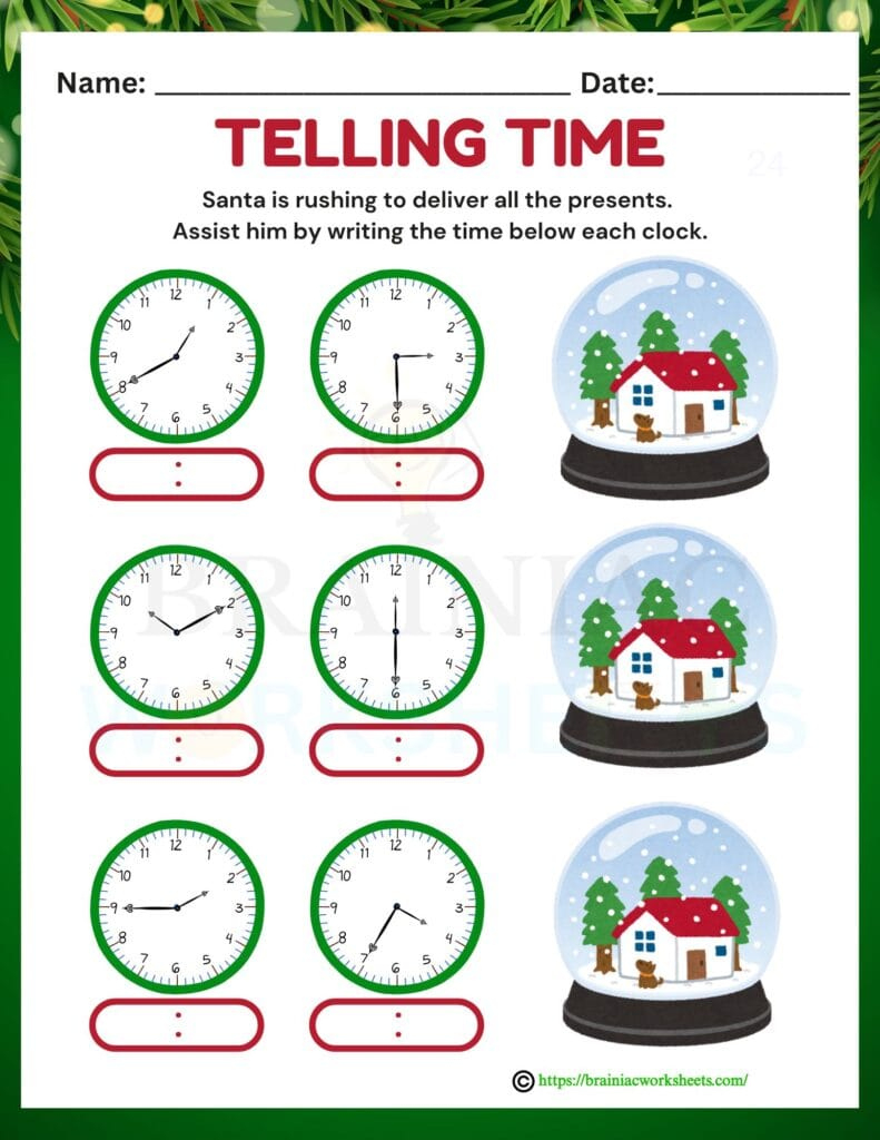 Time Telling Christmas Maths Worksheet For Class 4 - Brainiac | Christmas Telling Time Worksheets
