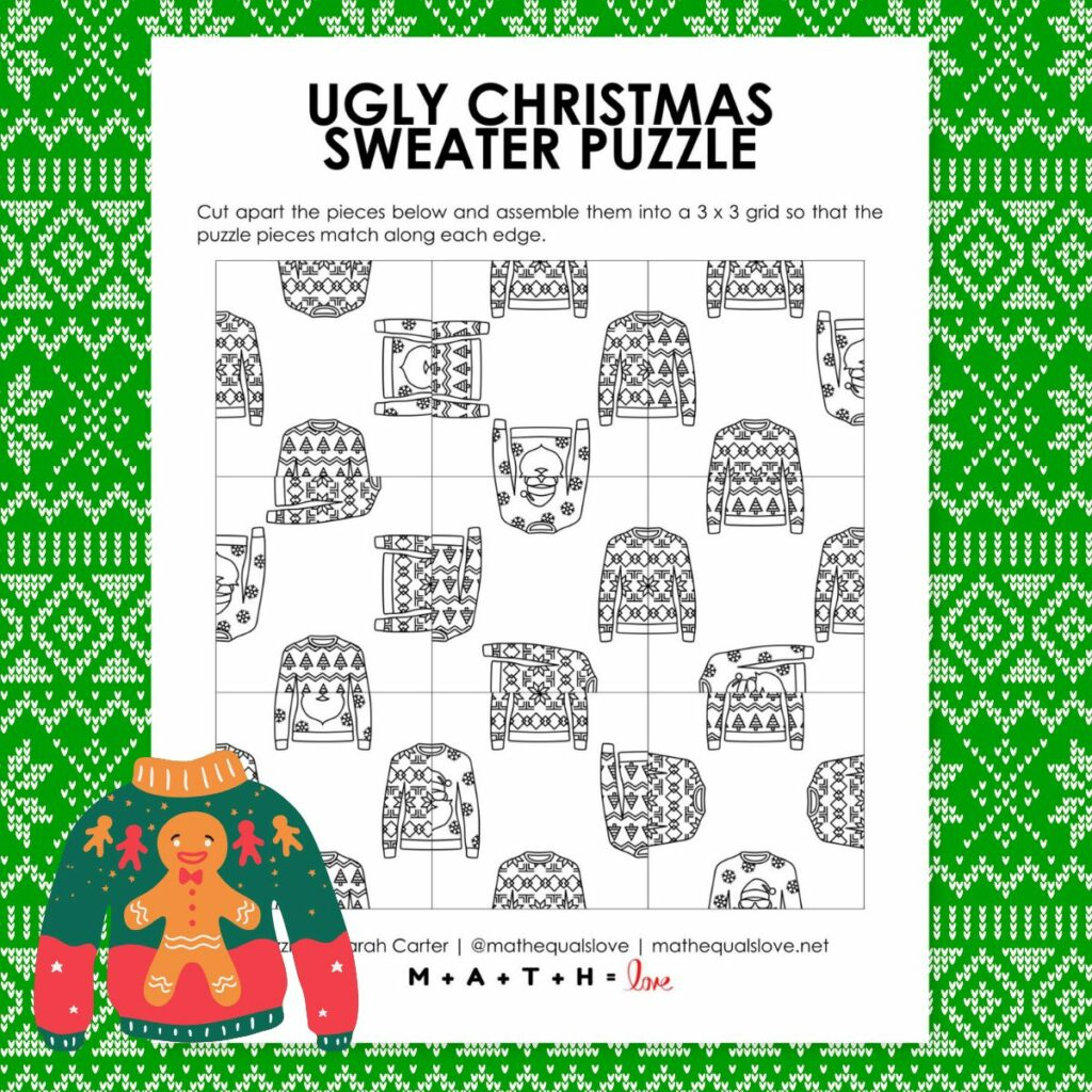 Ugly Christmas Sweater Square Edge Matching Puzzle | Math = Love | Ugly Christmas Sweater Worksheets Answer Key