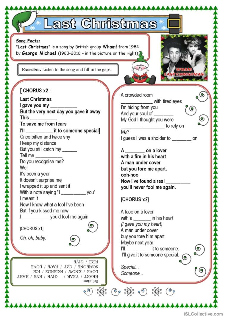 Wham-George Michael-Last Christmas (…: English Esl Worksheets Pdf | Last Christmas Song Worksheets