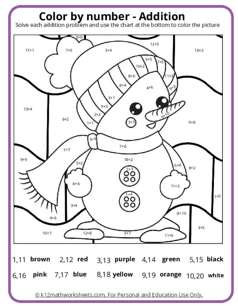 Winter Colornumber Pages - K12 Math Worksheets | Color By Number Addition Christmas Worksheets Free