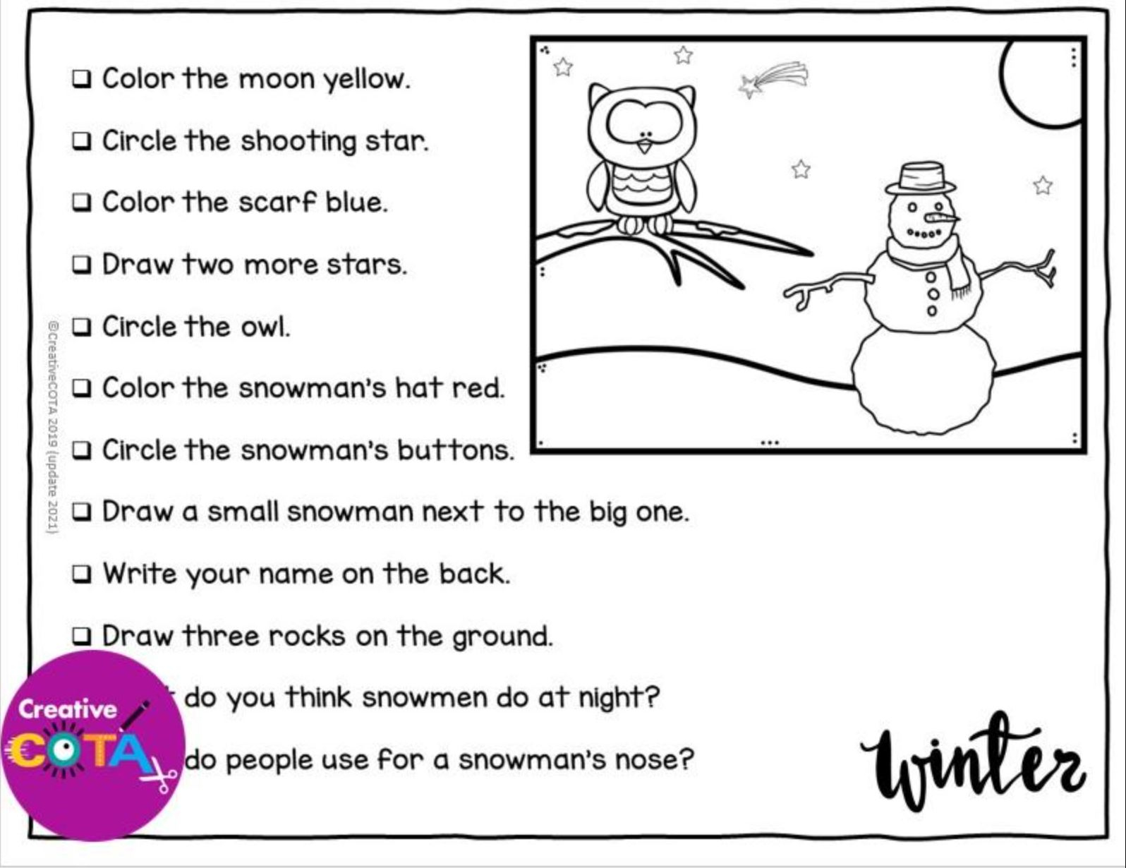 Winter Following Directions Activity - Your Therapy Source | Following Directions Christmas Worksheets