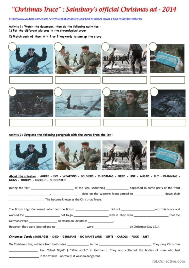 Ww1 : The Christmas Truce ( Sainbury…: English Esl Worksheets Pdf | Christmas Truce 1914 Worksheets